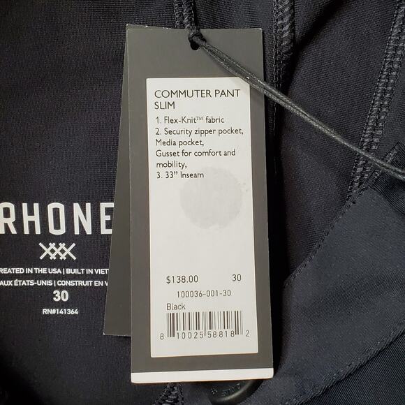 Rhone Men's Size 30X32 NWT Commuter Pants Slim Straight Leg Black 100036 - Picture 8 of 10